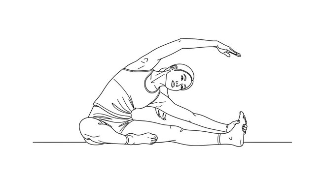 Woman doing yoga side bend stretch, seated Janu Sirsasana pose, line art illustration