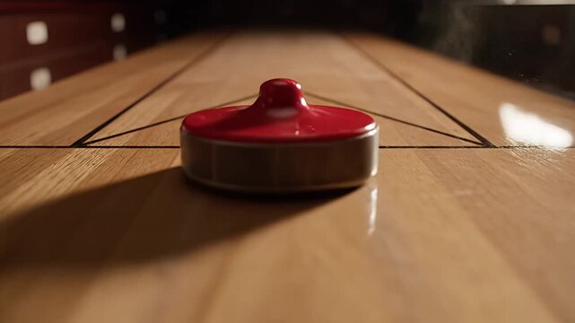 Shuffleboard Table with Red Puck Sliding Across Wooden Surface.