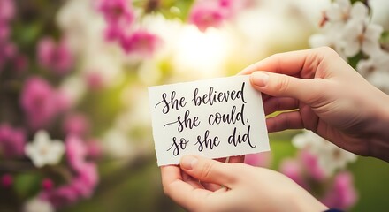 Fototapeta premium Inspirational quote on card with hands and beautiful flowers background