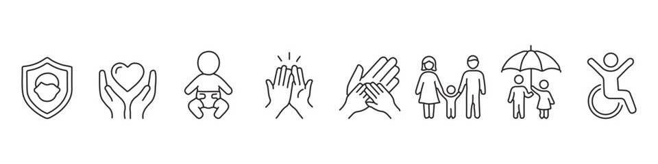 Fototapeta premium Family care, health protection and disability support line icon set – editable outline symbols of shield, heart, baby, prayer, family, umbrella and wheelchair