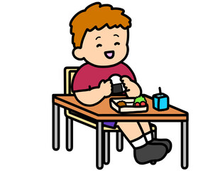 学校生活　おにぎりを食べる茶髪の男の子