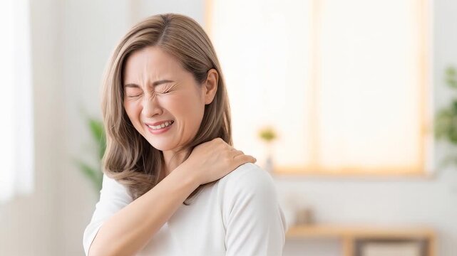 強い肩の痛みを感じる中年女性