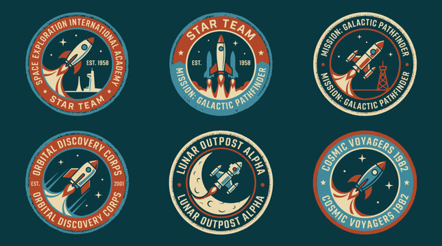 Vintage Space Exploration Badges Collection: Retro Rocket Emblems for Galactic Missions & Adventure Design