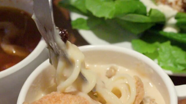 Close Up Fork Lifting Creamy Pasta Noodles From White Soup Bowl