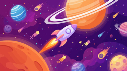 Playful Cartoon Space Adventure: Rocket Flying Past Planets, Saturn, Stars & Comets in a Vibrant Cosmic Scene © Lala