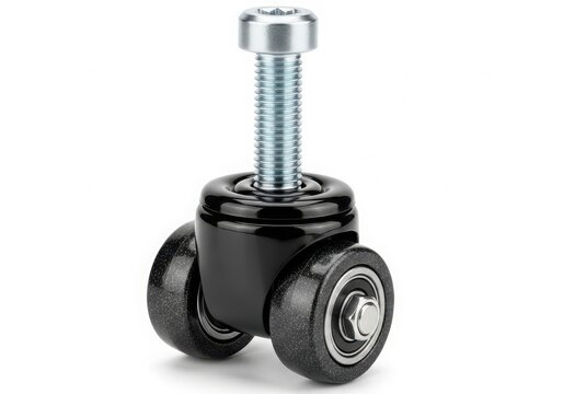 A black caster wheel with a threaded stem and a bolt for furniture mobility.