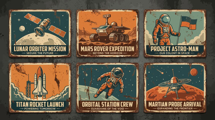 Retro Space Exploration Posters Collection: Vintage Tin Signs of Lunar Missions, Mars Rovers, Astronauts & Rocket Launches © Lala