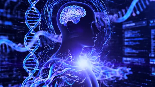 silhouette with dna helix and brain, streaming data and molecular patterns, glowing chest node, biotech lab vibe, ai analysis and sequencing overlays, research subject in cognitive genomics