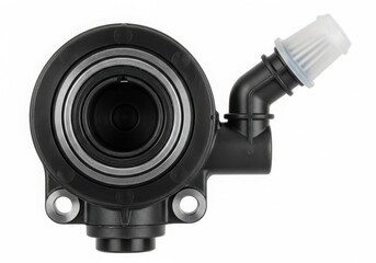 Black plastic elbow pipe fitting with a threaded connection and a white insert