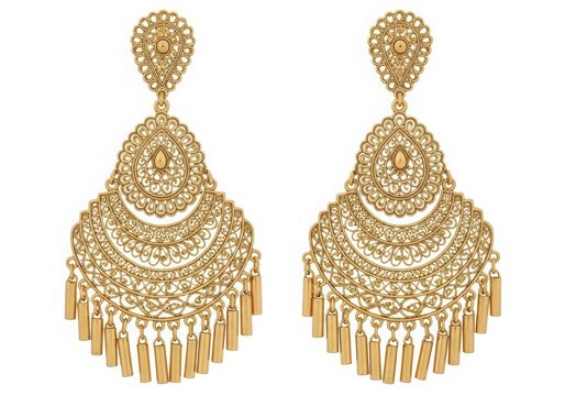 Elegant gold earrings featuring intricate designs and delicate tassels