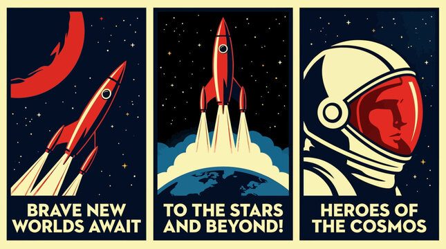 Retro Space Exploration Triptych: Vintage Sci-Fi Posters Featuring Rocket Launches, Astronauts, and Cosmic Journeys to Brave New Worlds.
