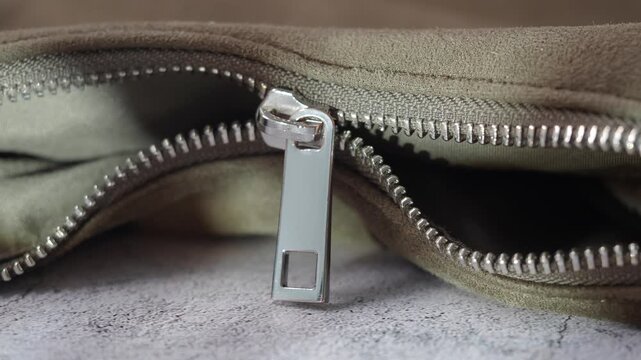 Close-up view of a broken zipper on a fabric pouch