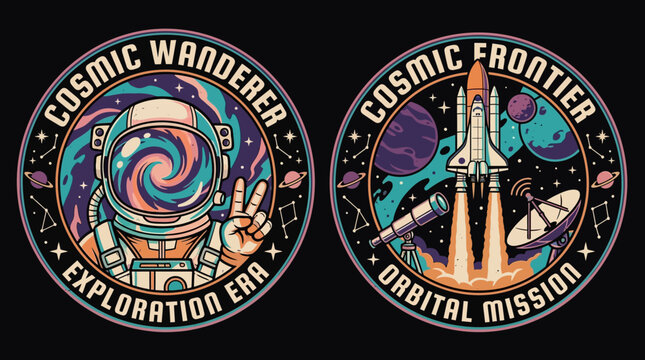 Retro Space Exploration Badges Set with Astronaut, Rocket, Planets and Stars in Vintage Sci-Fi Style - Cosmic Wanderer & Orbital Mission