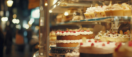 Obraz premium Delicious cakes and pastries showcased in a brightly lit bakery display case, with soft, sparkling background lights at night