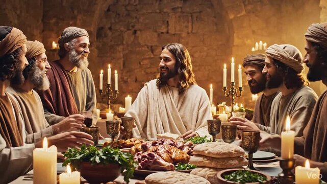 Smiling Jesus Christ at the Last Supper dinner with joyful apostles in a cheerful and happy atmosphere during a historical religious gathering of biblical figures and friends.