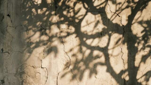 Soft tree shadow branch pattern on cracked concrete wall, abstract nature texture with warm sunlight creating rustic organic silhouette background