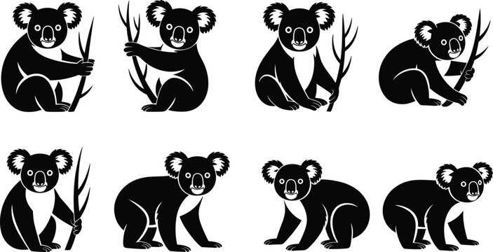 Cartoon Koala Silhouettes in Various Poses with Tree Branches, Cute Wildlife Vector Illustration for Education, Puzzle, Pattern Recognition