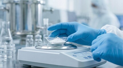 Blue gloved hands weigh white powder on a digital scale with laboratory equipment in background
