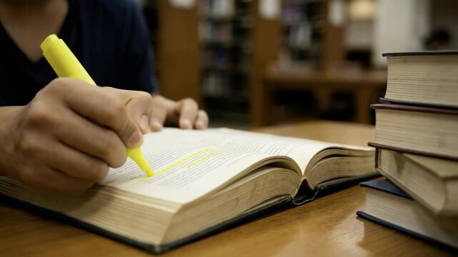 Focused student study book in library with highlighter for education learning and reading at study table quiet academic environment