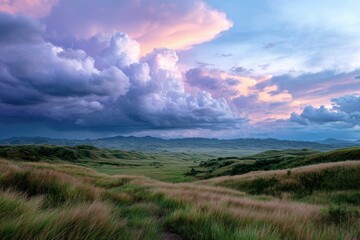 Beautiful twilight over rolling hills and dramatic clouds in the evening sky