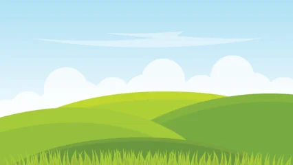 Fotobehang Boerderij summer landscape background with green field and blue sky cartoon scene  © piggu