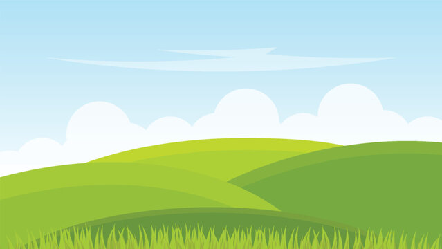 summer landscape background with green field and blue sky cartoon scene
