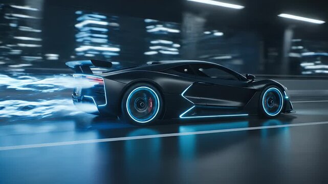 Sleek, black concept car with blue neon accents and light trails races through a dark, futuristic city