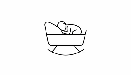 Minimalist Line Art Icon of a Newborn Baby Sleeping Peacefully in a Rocking Bassinet