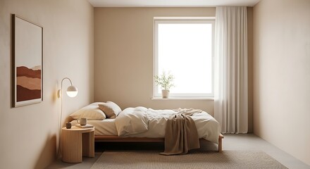 Fototapeta premium Warm and inviting bedroom interior with soft neutral tones, a comfortable bed, and minimalist decor.