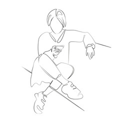 Fototapeta premium One continuous line drawing on white isolated background. Minimalism linear illustration. person, woman, bench, lifestyle, phone, looking, sitting, mobile phone, park, smartphone