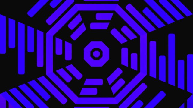 A vibrant abstract animation features blue geometric shapes, including octagons and various bars forming a symmetrical pattern.