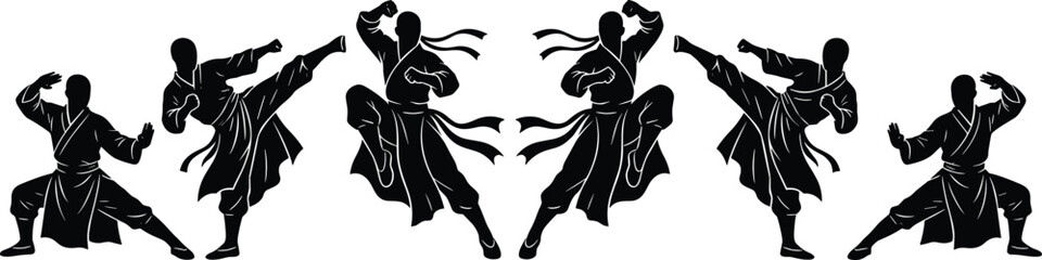 Martial arts fighter silhouette collection showing dynamic combat poses, kicks and defensive movements representing martial discipline, strength and action conceptMartial arts fighter 