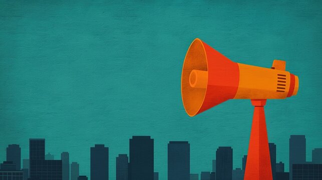 Illustration of oversized megaphone above city buildings, symbolizing public announcement, communication, marketing campaign, and mass media influence.