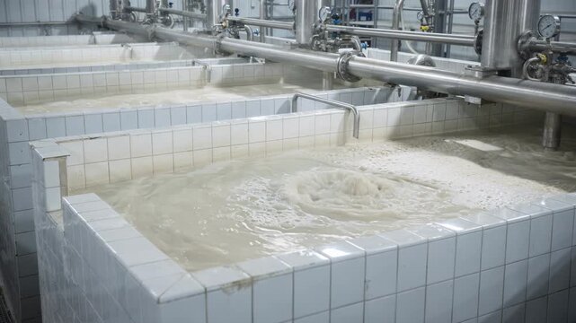 Medium shot of industrial bleaching tanks lined with white tiles showcasing agitated pulp slurry under gentle lighting emphasizing a chlorinefree oxygenated peroxide process.