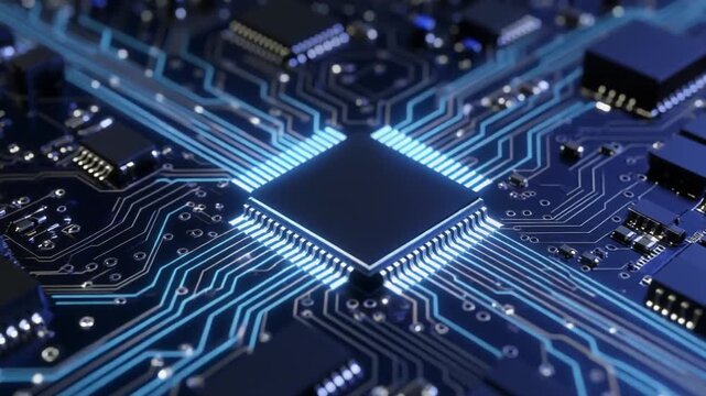 Close-up of a computer circuit board with glowing blue microchip