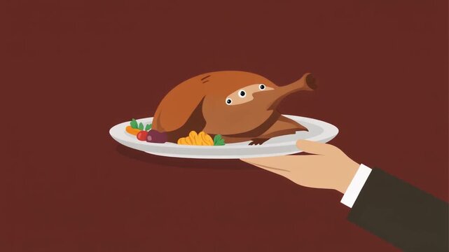 Humorous cartoon roasted bird with three eyes on a serving platter presented by a hand at a brown table a unique culinary scene graphic