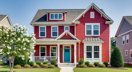 Fototapeta premium AI generated residential exterior of a vibrant red house with white trim and a teal door. The property includes a covered porch, symmetrical windows, landscaped shrubs, and a manicured green lawn.