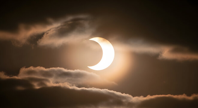 Partial solar eclipse visible through dramatic dark clouds in the sky.