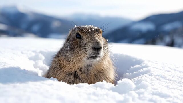 A curious marmot emerges from its snowy burrow in a winter landscape with snow-covered mountains in the background.