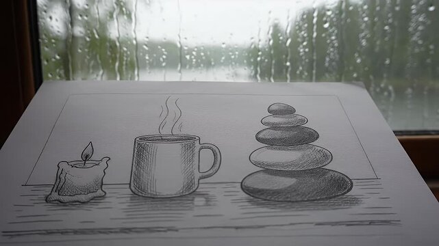 Drawing of lit candle, steaming mug, and stacked stones on paper, rain outside