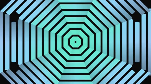 Concentric octagons forming a futuristic tunnel with neon green and blue glowing lights