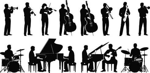 Black Silhouette Vector Illustrations of Jazz Musicians Playing Trumpet Saxophone Piano Drums Bass and Guitar Isolated on White Background for Design © Sreemoti