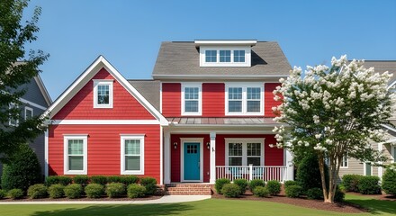 Fototapeta premium AI generated residential exterior of a vibrant red house with white trim and a teal door. The property includes a covered porch, symmetrical windows, landscaped shrubs, and a manicured green lawn.