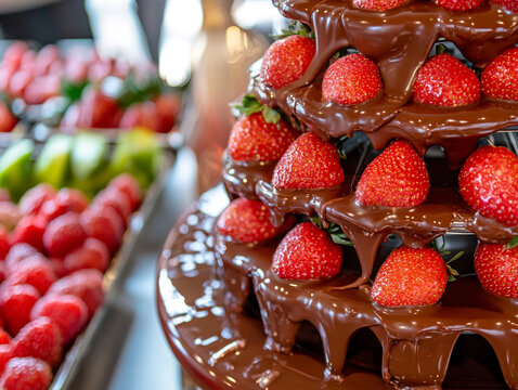 Juicy red strawberries glistening with rich, melted chocolate flowing down a tiered fountain, with blurred trays of fresh fruit in the background