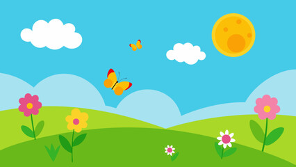  Summer Meadow Landscape with Flowers and Butterflies