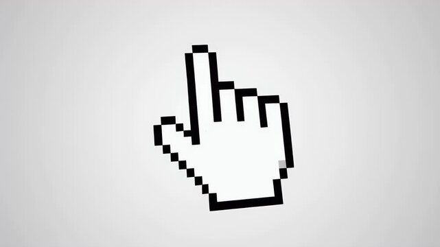 Pixelated hand cursor pointing, a digital icon on a minimalist white background