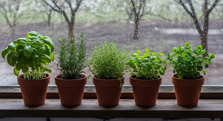 Fototapeta premium Potted herbs on windowsill