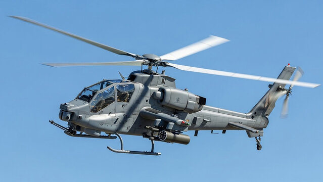 Bell AH-1Z Viper Attack Helicopter in Flight Against a Clear Blue Sky Showing Weapons Systems and Tandem Cockpit