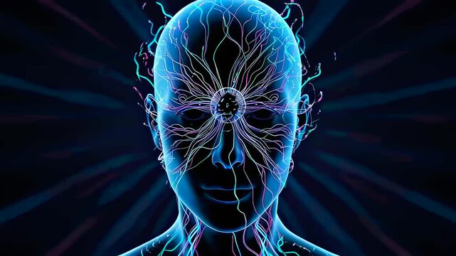 radiant frontal neural network pulsing, symmetrical head outline, radial energy lines focused at forehead nexus, eeg style visualization, biofeedback subject in meditation pose, clinical