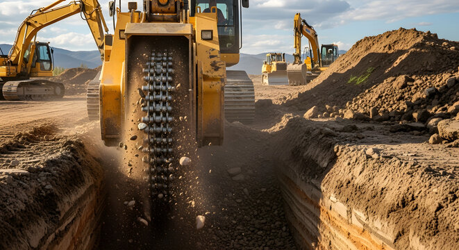 Heavy duty trencher machine digging a deep trench in a construction site with excavators in the background